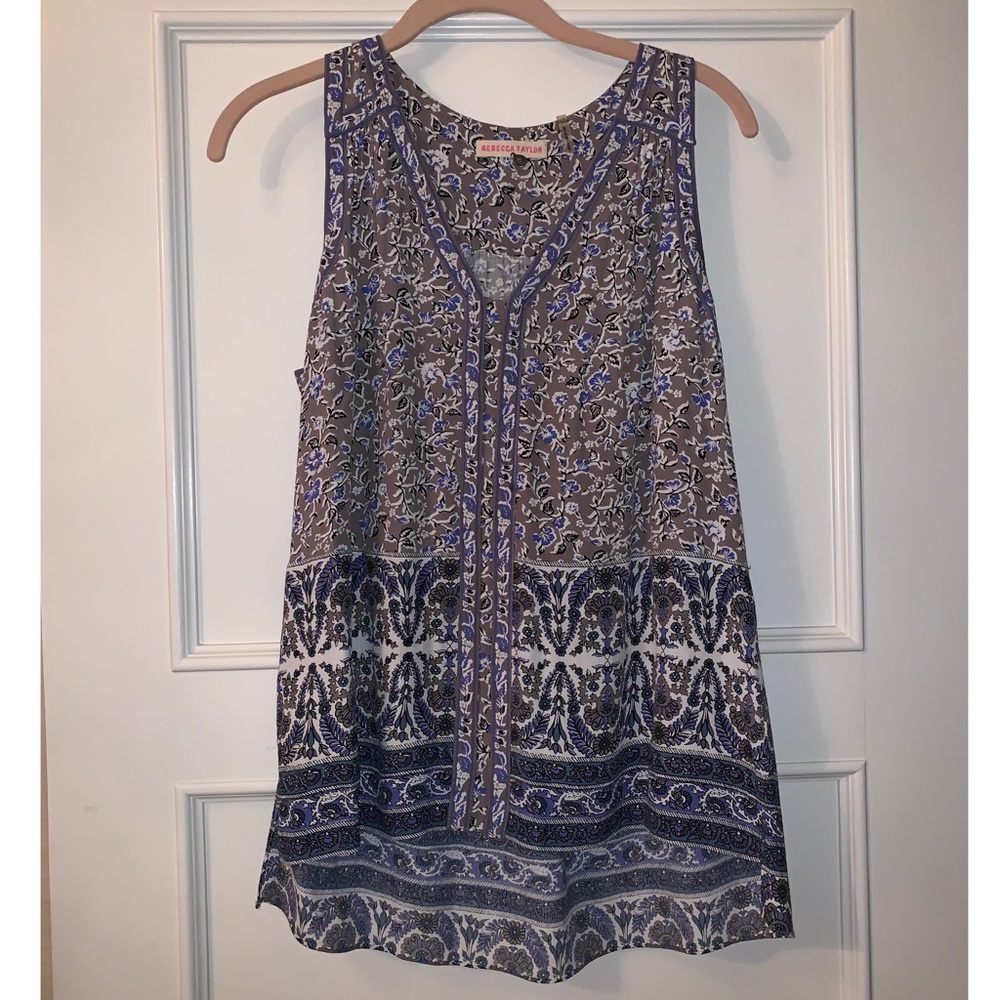 Rebecca Taylor tan and blue floral blouse